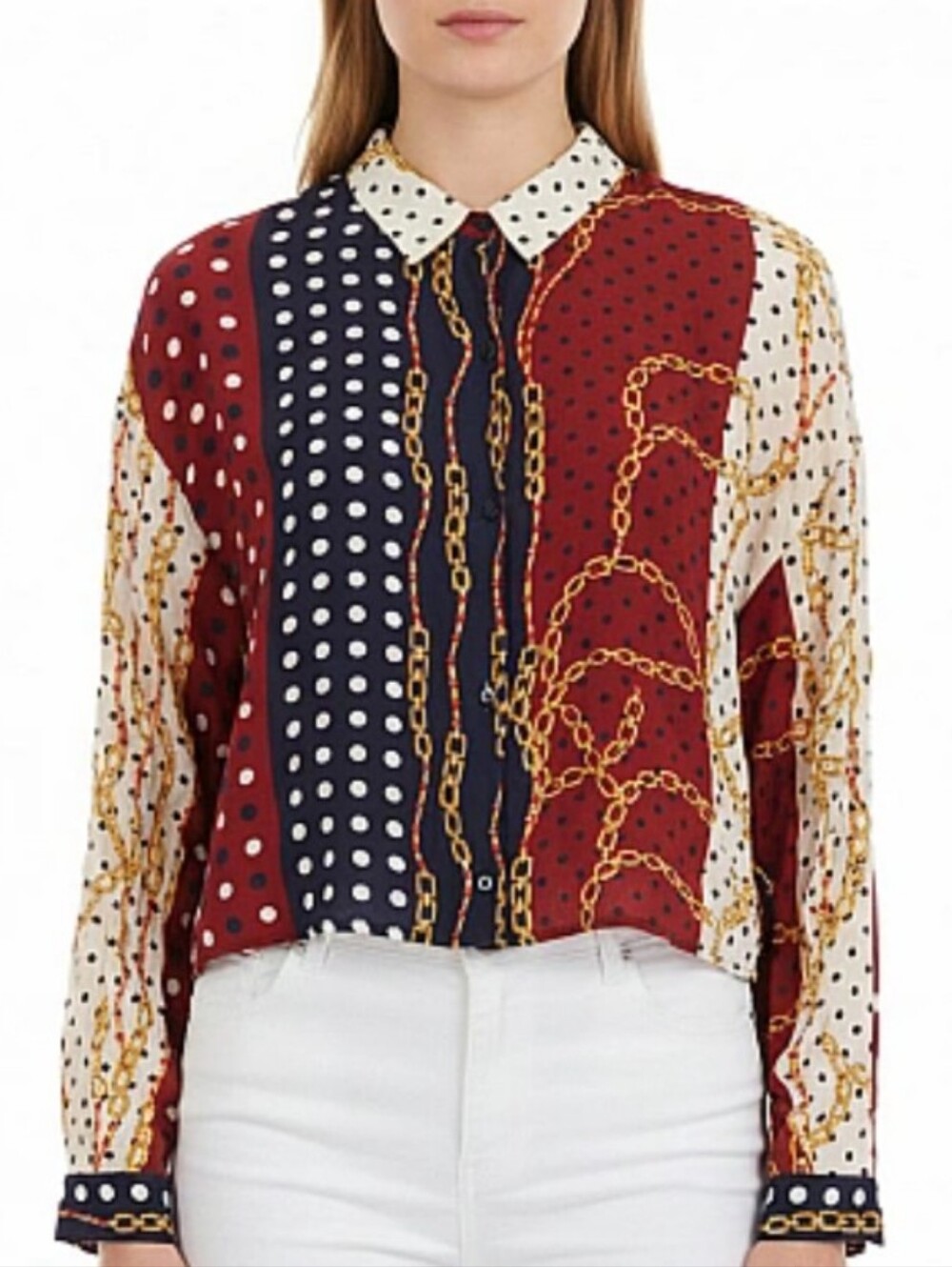 Zara Woman Chain Print Long Sleeve Button Down Blouse croppef Size M